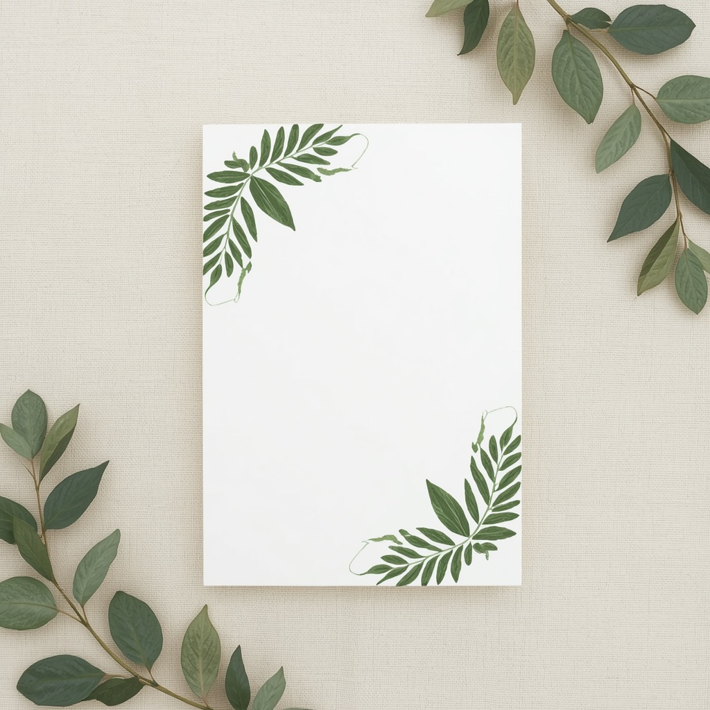 Lush green botanical invitation card with leaf motifs on natural linen background