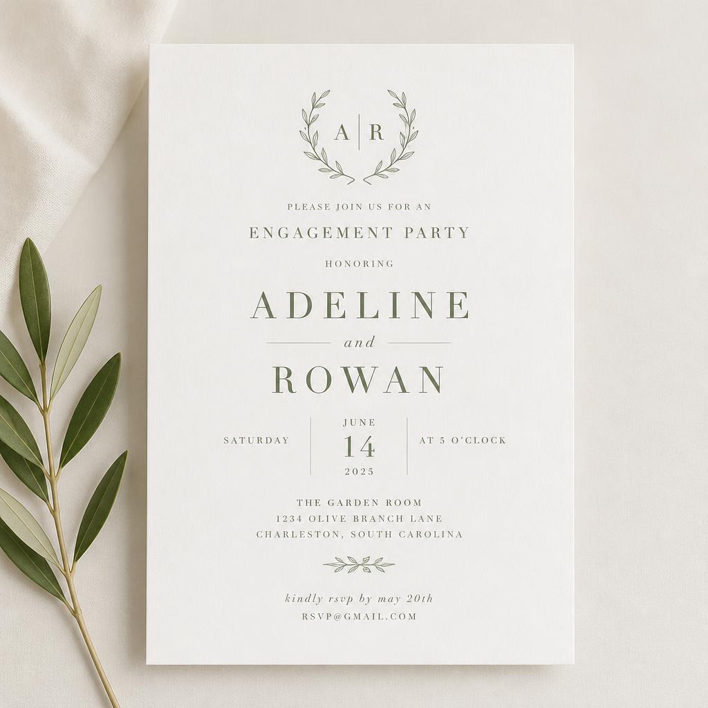 Minimalist sage green invitation with elegant serif typography on white cardstock